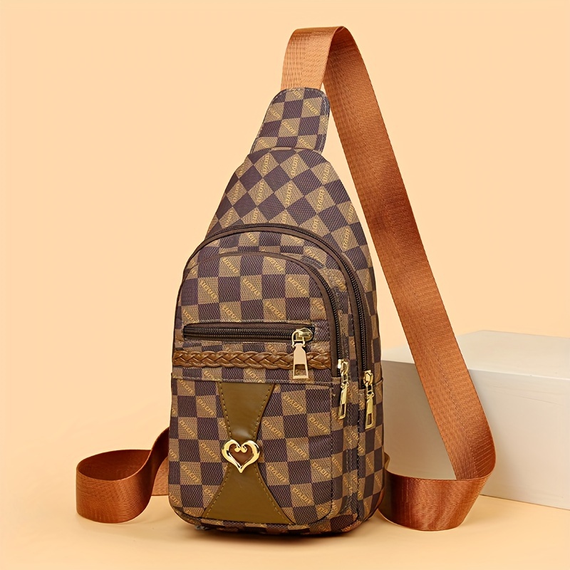 Retro Checkerboard Pattern Sling Bag, Heart Decor Chest Bag, Multi
