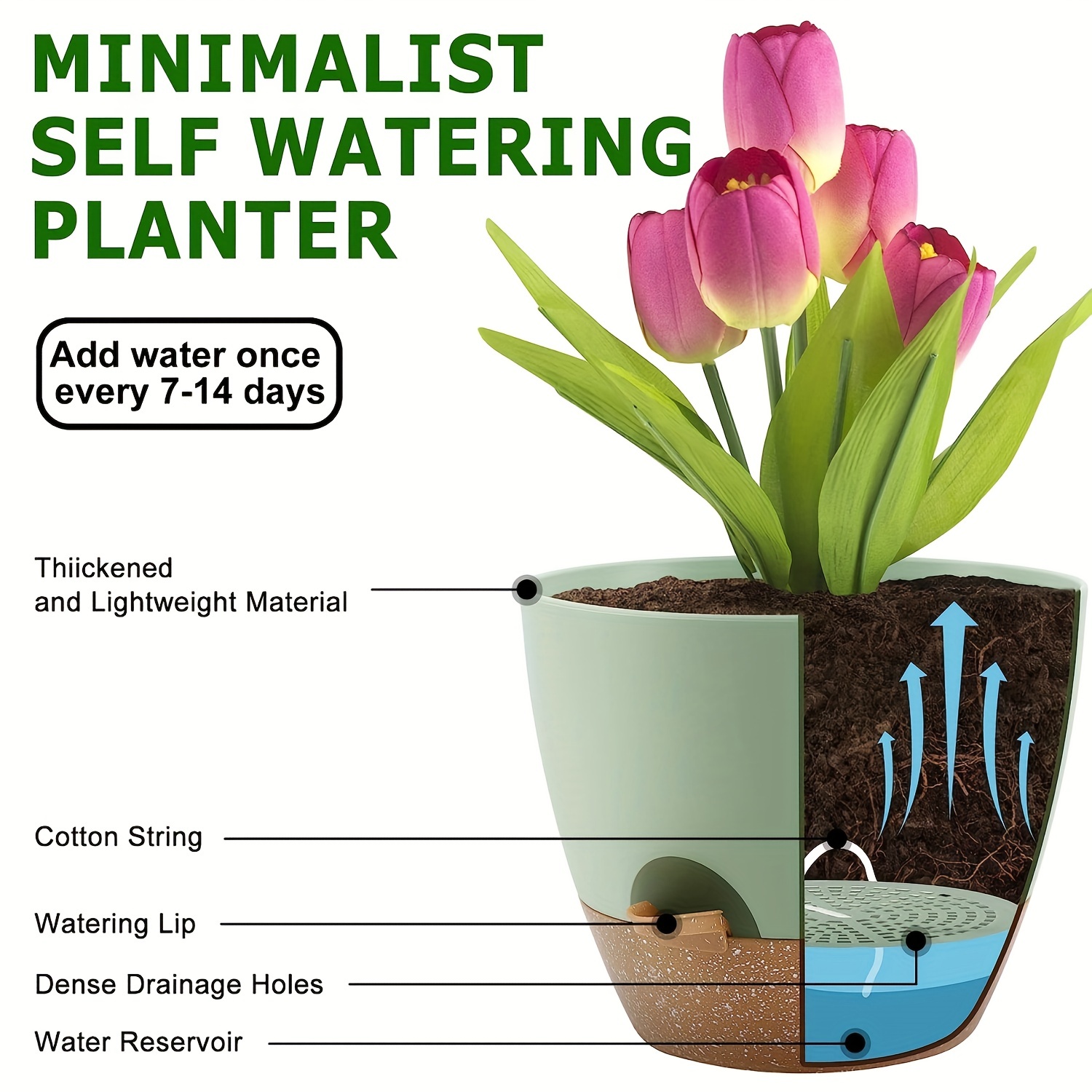 Self Watering Planter for Indoor Plants, Modern Decorative Plastic Flower  Pot with Extra Large Water Storage for All House Plants, Flowers, Herbs -  6.2'' x 5.5'' 