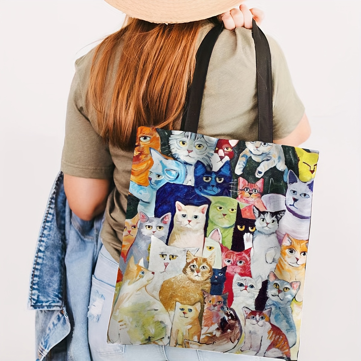 

Funny Cats Pattern Canvas Tote Bag, Casual Large Capacity Shoulder Bag, Perfect Underarm Bag For Shopping