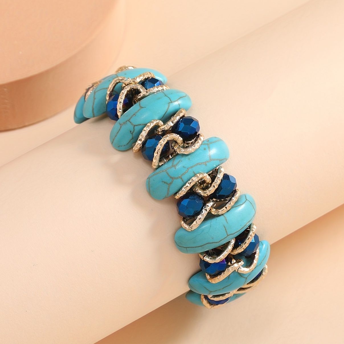 

Boho Style Crystal Turquoise Elastic Bangle, Personality Unique Hand Jewelry Accessories For Women