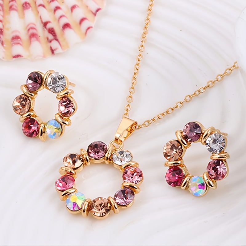 

Colorful Hollow Circle Jewelry Set Necklace Earrings Classic Vacation Style Alloy Jewelry Set For Women In Daily Dating Traveling Casual Jewelry