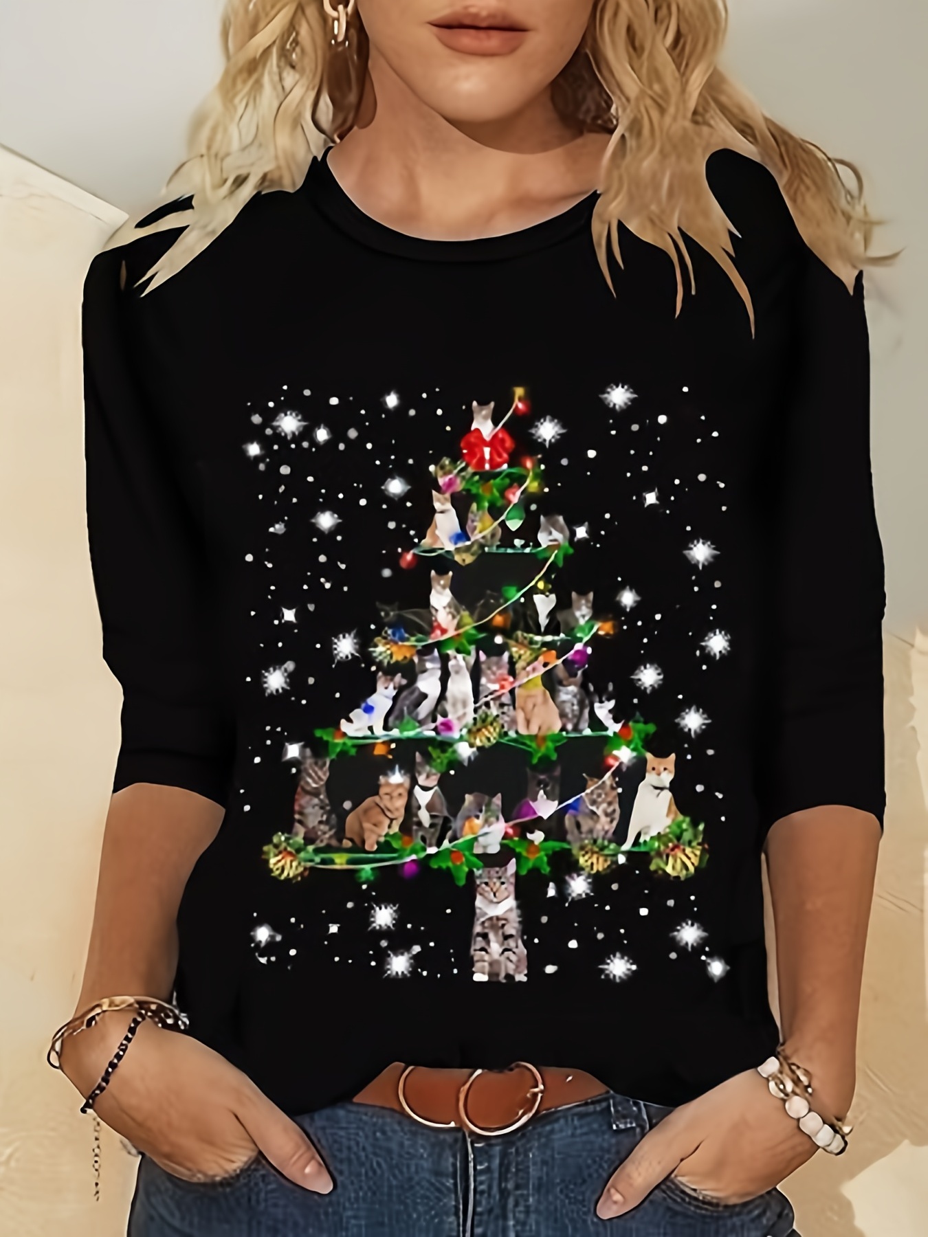 christmas cat tree print crew neck t shirt casual long sleeve top for spring fall womens clothing