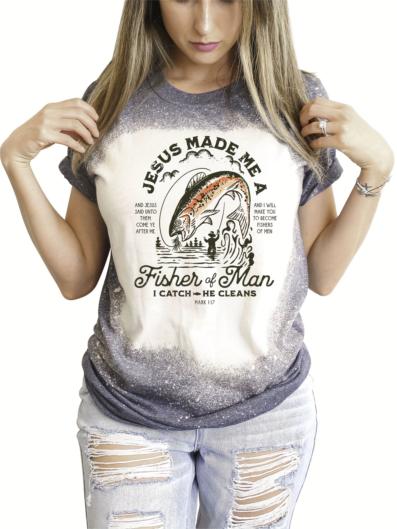 Fish Bone Print Crew Neck T-shirt, Casual Short Sleeve Top, Women's Clothing