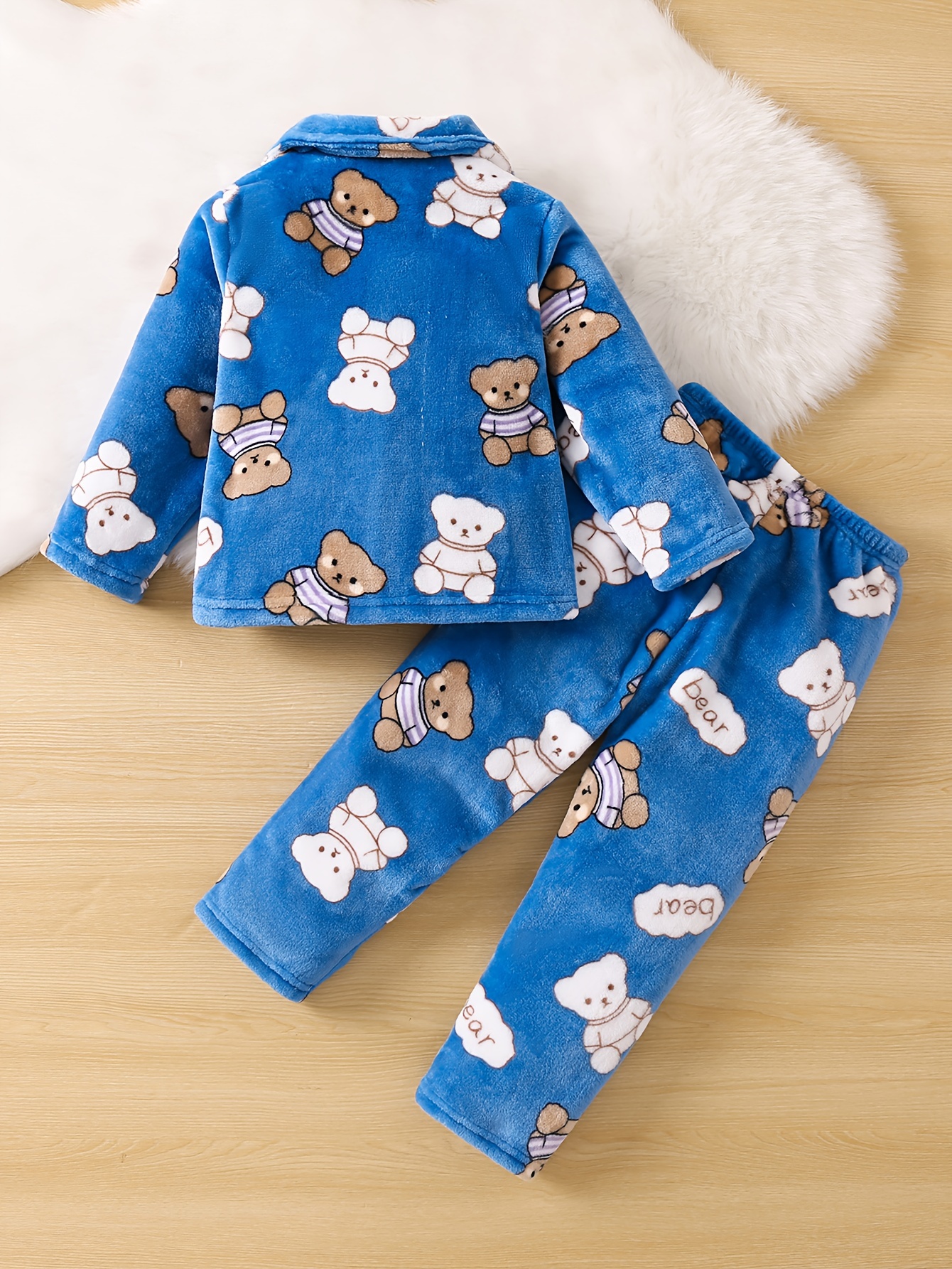 2pcs Cartoon Pattern Kid's Flannel Pajamas, Button Front Top & Pants Set,  Comfy Casual Thermal PJ Set, Boy's Loungewear