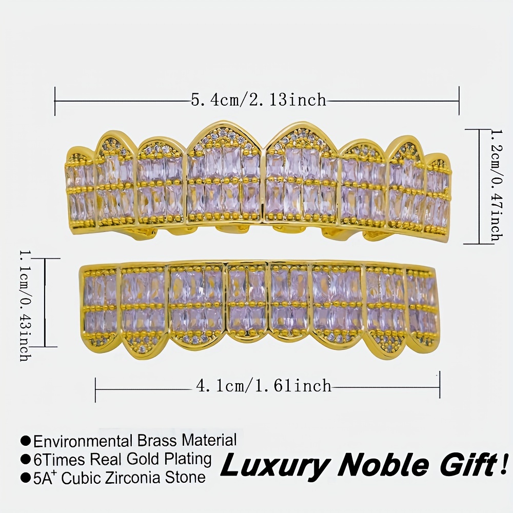 18K Unisex Big Gold Teeth Square Pave CZ 8 Teeth Top Bottom