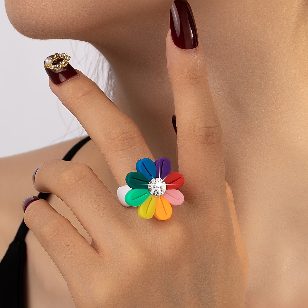 

-chic Polymer Clay Flower Ring With Sparkling Gemstone - September Birthstone, Ideal For Women's &