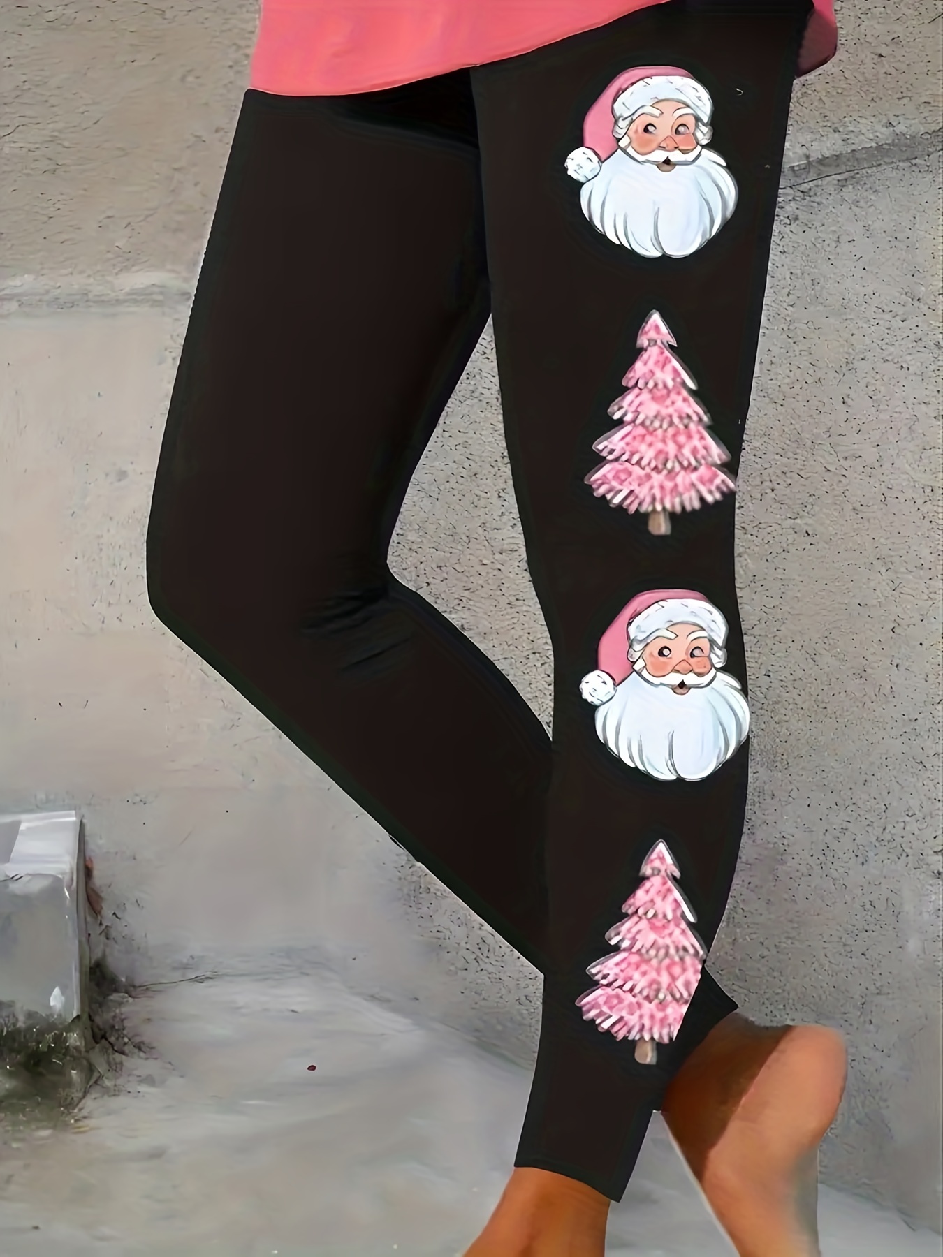 Plus Size Christmas Casual Leggings, Women's Plus Graphic Print Slight  Stretch Skinny Leggings
