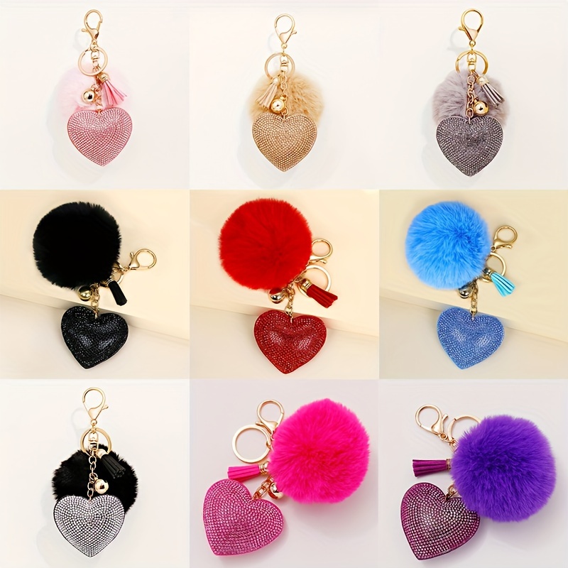 

Bling Rhinestone Heart Keychain Cute Soft Pom Pom Key Chain Ring Purse Bag Backpack Charm Car Hanging Pendant Women Daily Use Gift