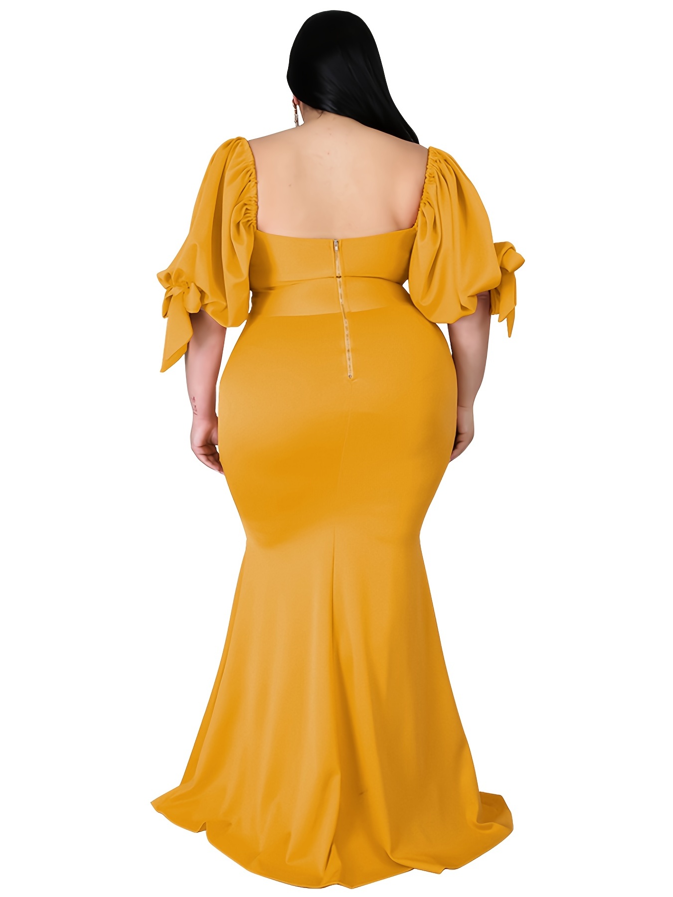 Plus Size, 218195 Cross-border Plus Size Women's Dress with Ruffle Hem,  Bubble Sleeves and Long Train New Arrival on Amazon