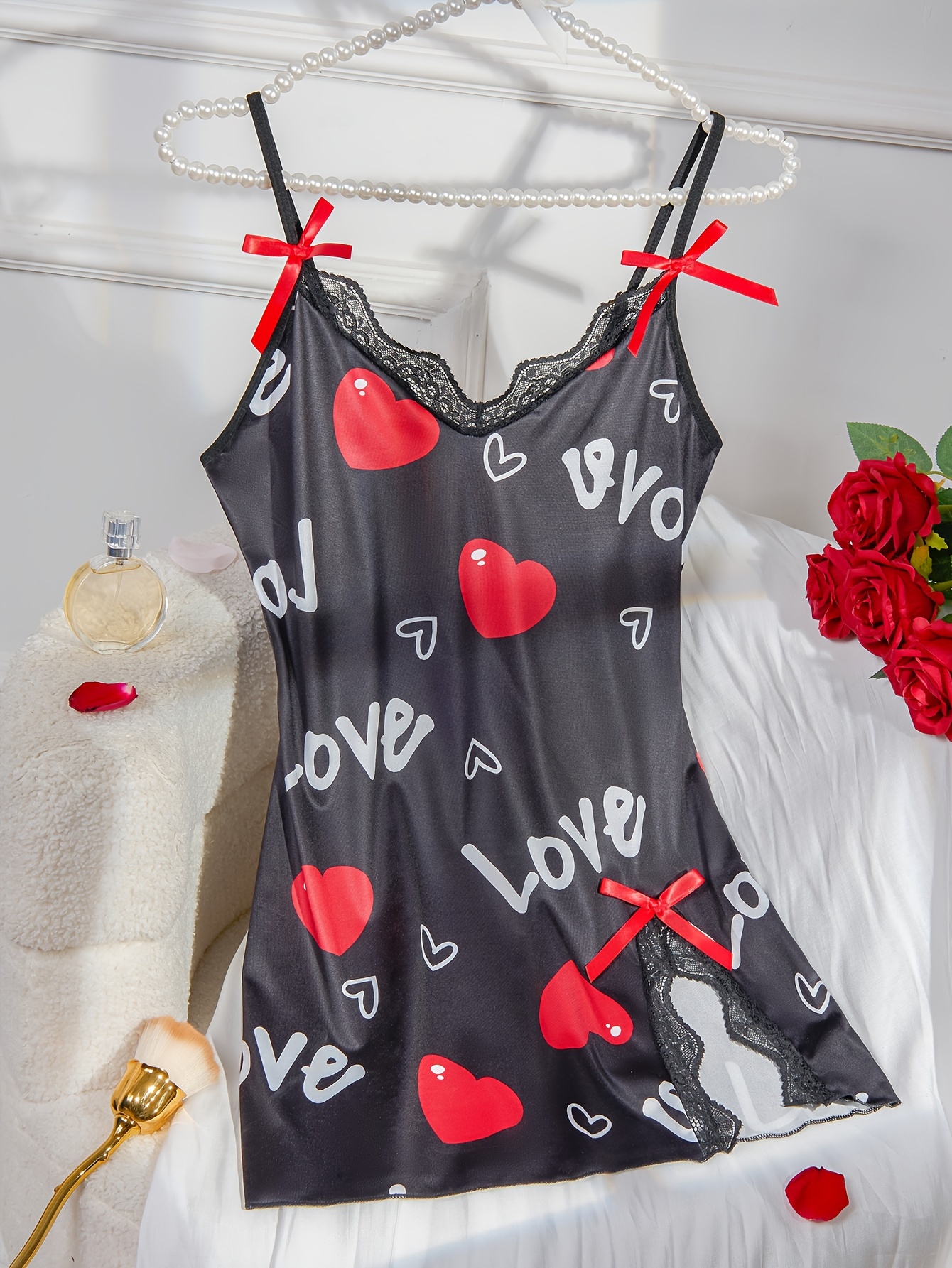 Plus Size Valentine s Day Sexy Lingerie Dress Women s Plus Heart Letter Print Contrast Lace Trim Bow Front Split Thigh Cami Dress