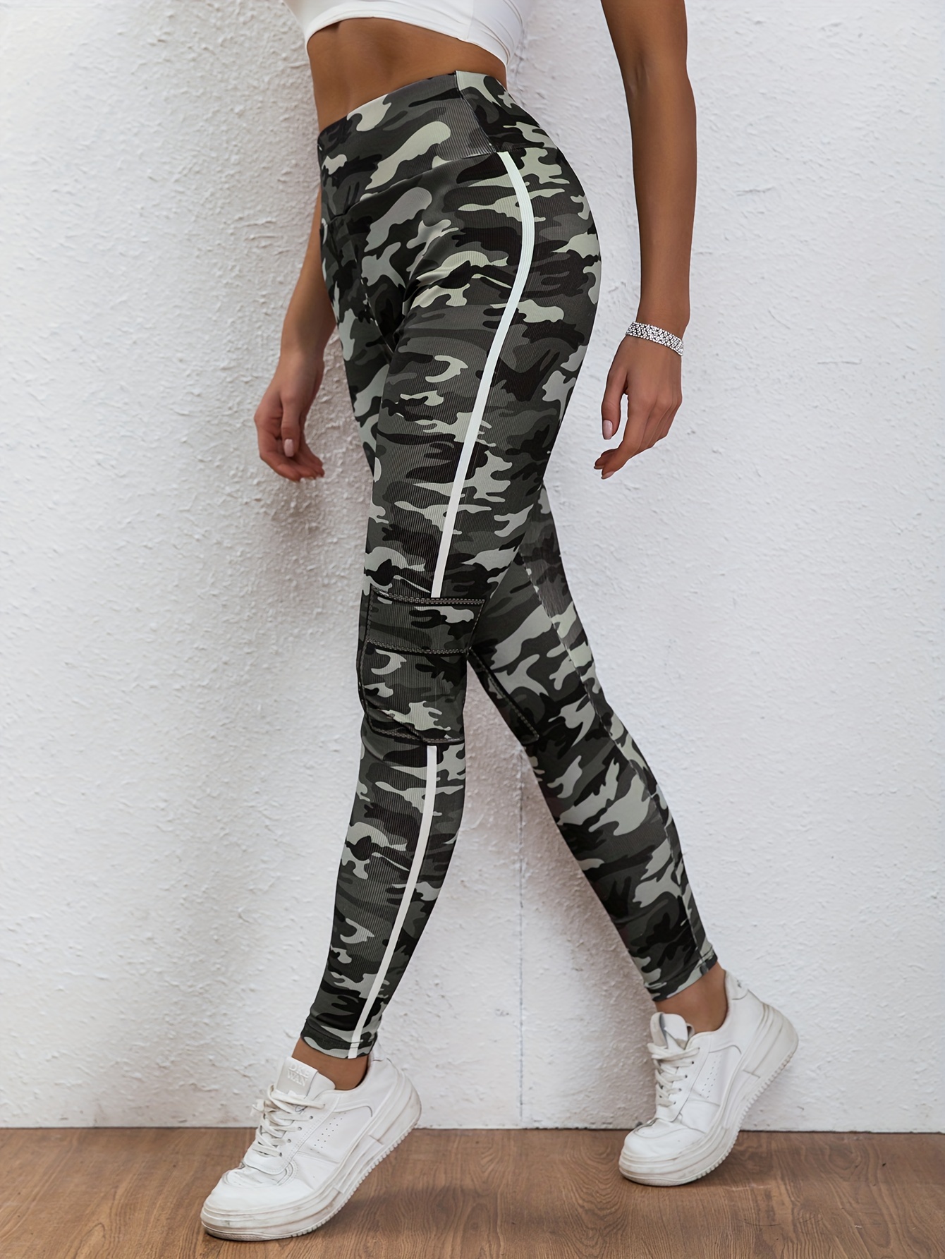 Camo Print Leggings, High Waist Casual Leggings For Spring & Summer,  Women's Clothing