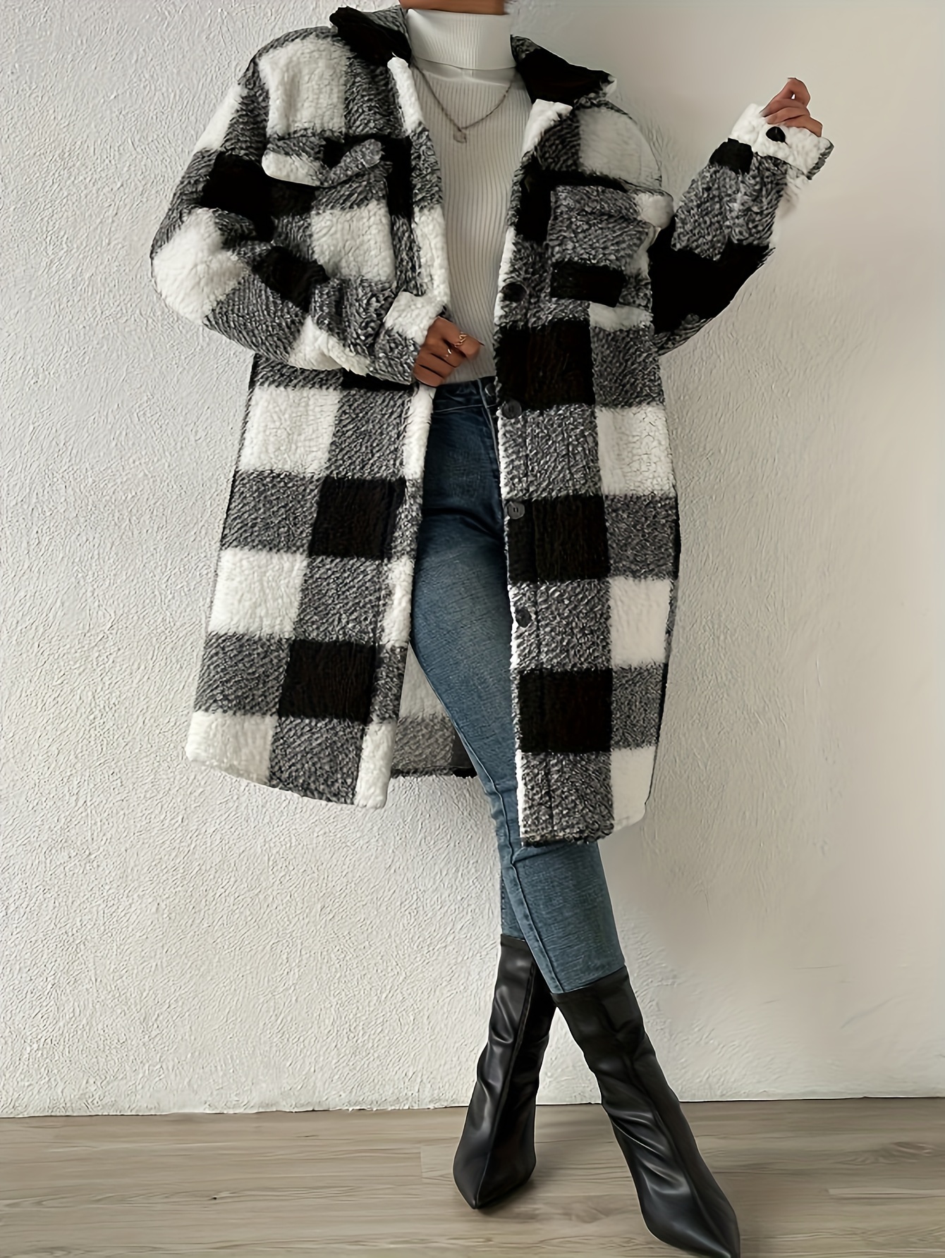 Buffalo Plaid Teddy Coat, Button Up Casual Coat For Winter & Fall