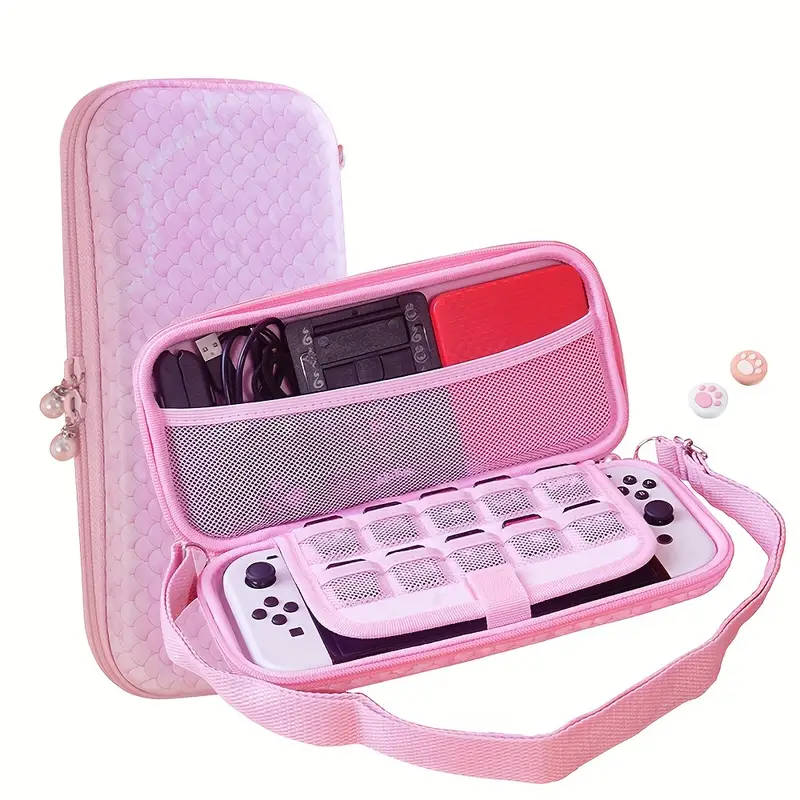 carrying case compatible with nintendo switch oled switch hard shell protective travel bag with 10 game card slots for ns switch console joy con accessories with 2 thumb grip cap pink fish scale details 6