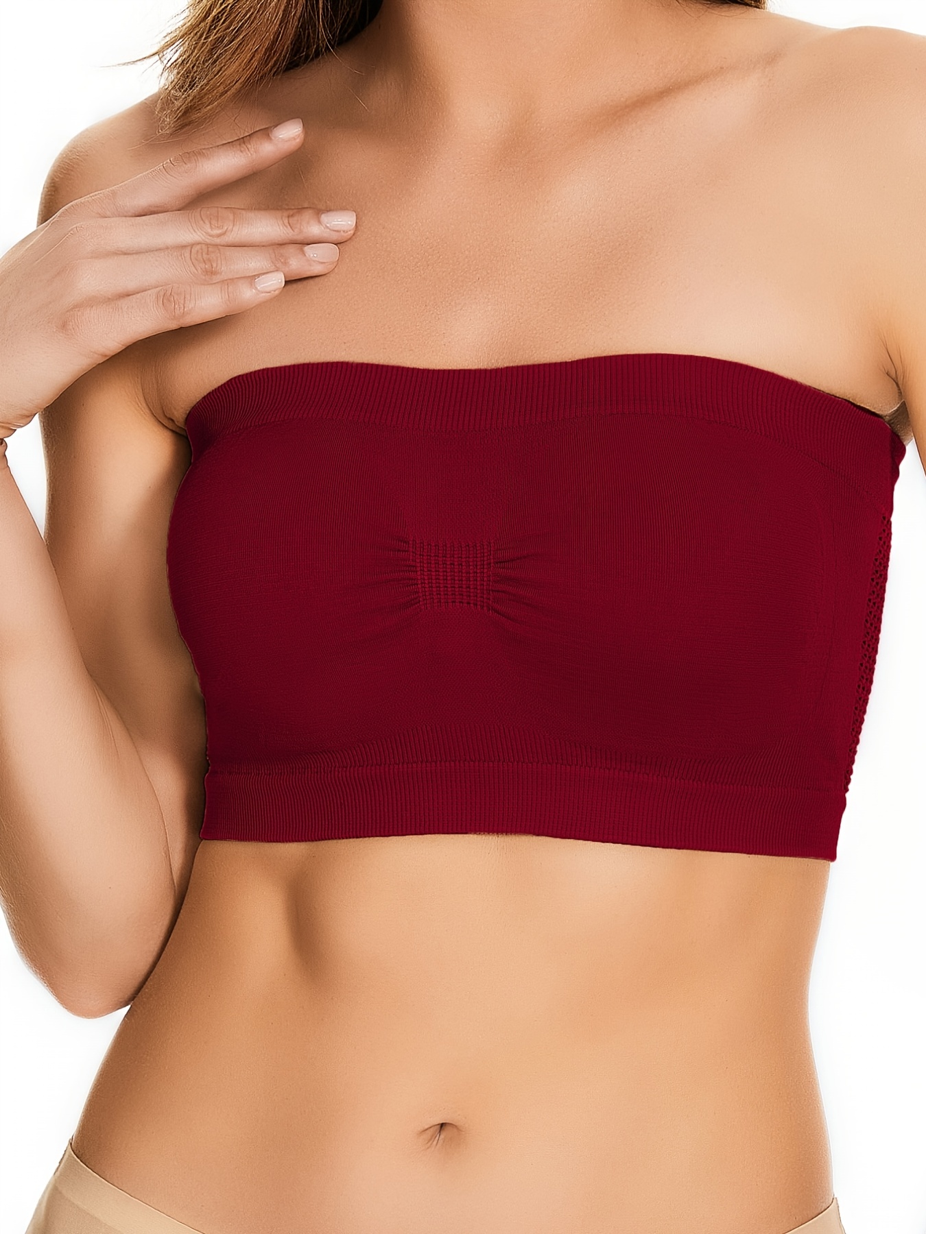 1 Womens Padded Bandeau Tube Crop Top Strapless Bra Removable Pads Stretchy  Red