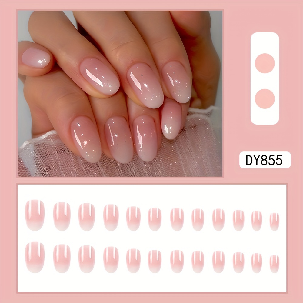 24pcs white and pinkish gradient press on nails short oval fake nails gentle false nails for women girls details 0