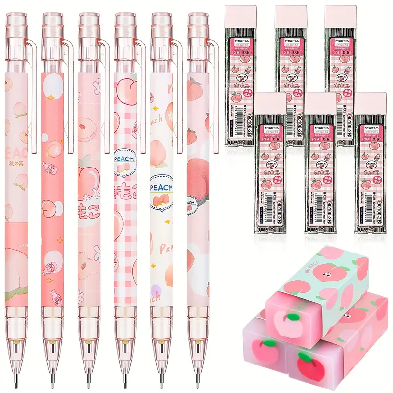 15pcs Kawaii Mechanical Pencil Set Include Peach Mechanical Pencils With  Tubes 0.5 Mm Pencil Refills And Cute Juice Peach Erasers School Supplies For
