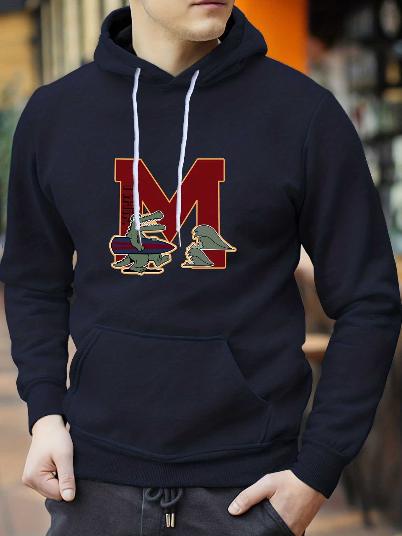 Letter M & Cartoon Crocodile Print Hoodie, Hoodies For Men, Men's