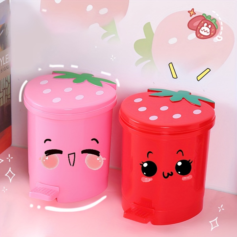 Cute Pink Red Strawberry Waste Bin Desktop Portable Plastic Mini Garbage  Basket Home Bedroom Storage Bucket Trash Can With Lid