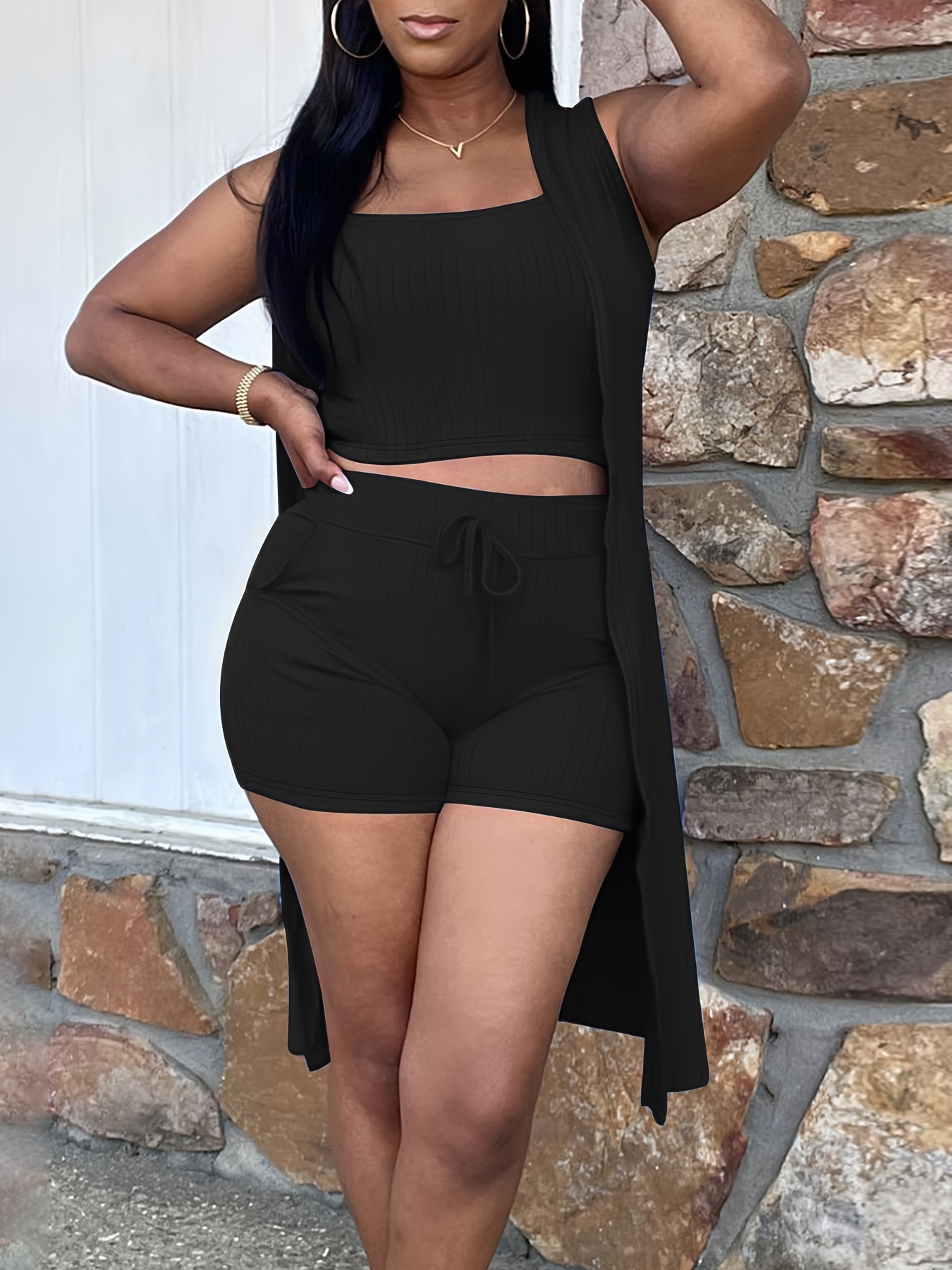 plus size casual outfits set womens plus ribbed round neck Temu