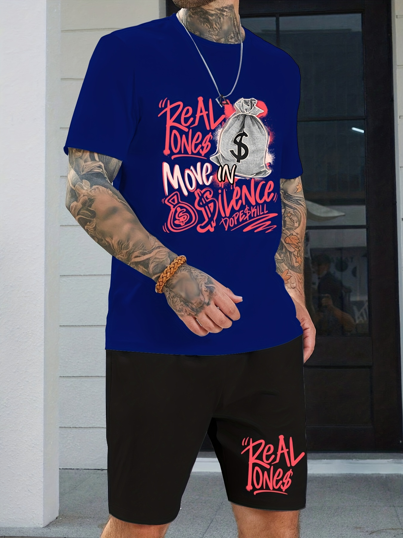 Plus Size Men's Casual Creative Money And Letters Graphic Print Crewneck Tee Shorts Set, Trendy Summer 2PCS Outfits Men Clothing