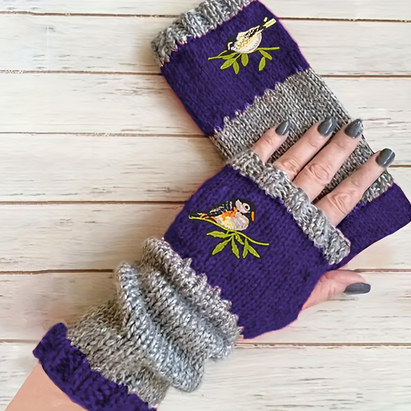 Color Block Half Finger Gloves Bird Embroidery Warmer Knit Gloves Vintage Thick Stretchy Fingerless Gloves,Women Gifts,Temu
