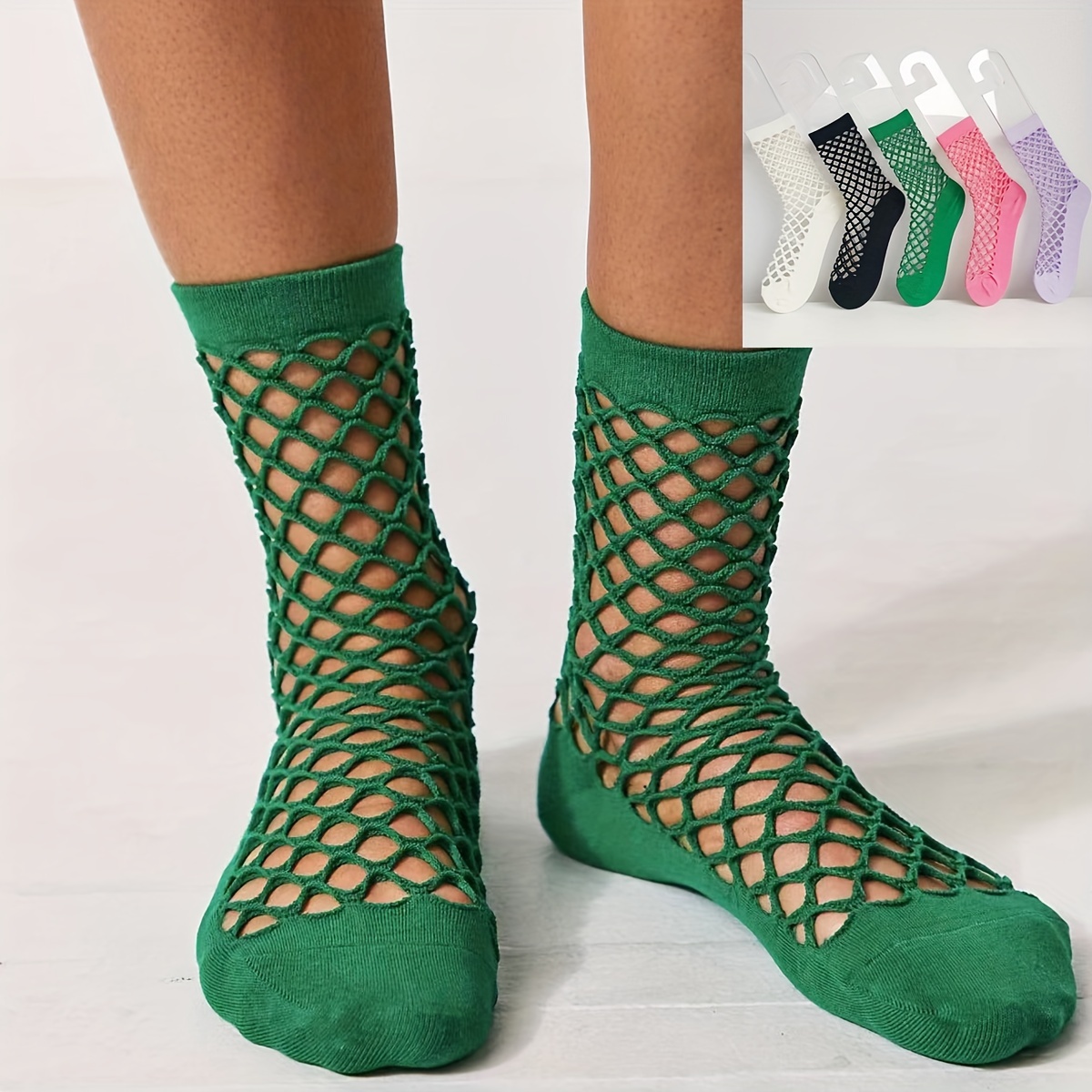 Rhinestone Fishnet Stockings Cut Lace Trim Knee Socks - Temu