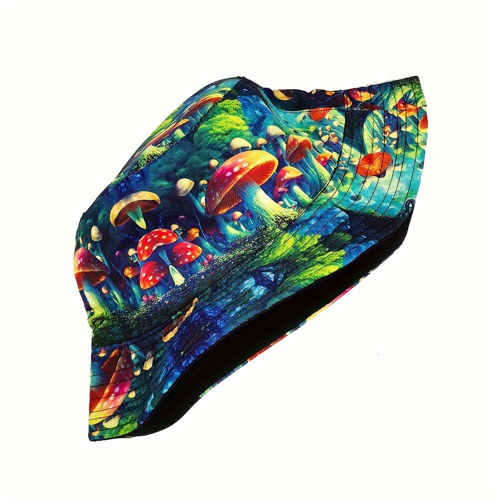 Hip Hop Mushroom Print Bucket Hat Black Cartoon Reversible - Temu