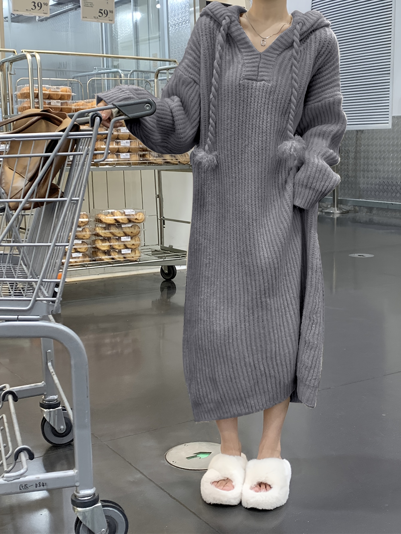 Solid Long Sleeve Hooded Knit Dress Casual Drawstring - Temu