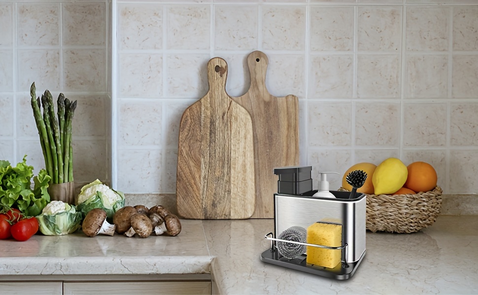 1pc dish soap dispenser for kitchen sink with sponge holder kitchen sink caddy organizer for soap and sponges liquid soap dispenser with removable water leakage tray for bathroom countertop sink organizer brush sponge scrub holder stainless steel Product details 2