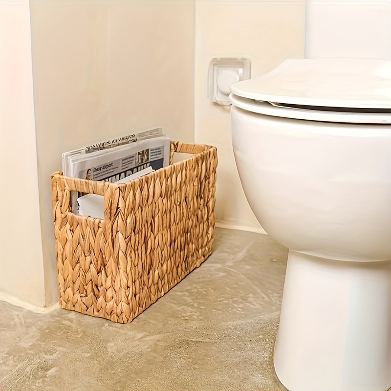 

1pc Hand-woven Magazine Holder, Magazine Wicker Basket For Bathroom, Office, Rattan Magazine Holder, Natural Water Hyacinth