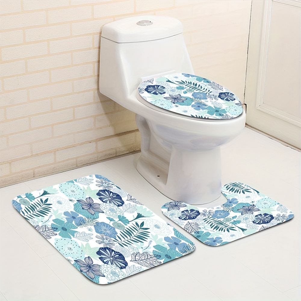 Shower Curtain Set Teal Flower Print Bathroom Rug U shape - Temu Canada