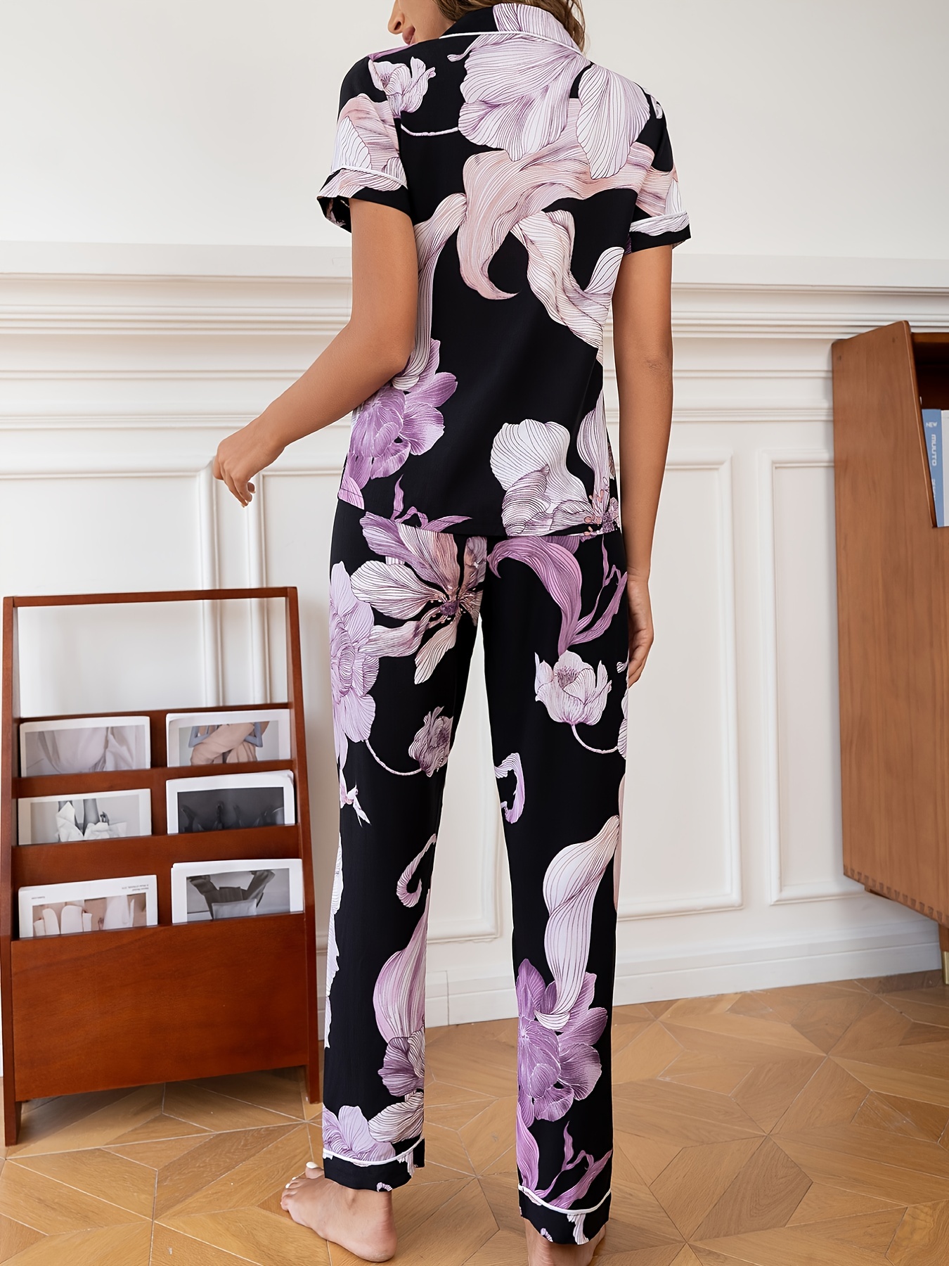 Elegant Satin Floral Print Pajamas Set, Lightweight Button Up Blouse Pajama  Top & Elastic Waistband Pajama Pants, Women's Loungewear & Sleepwear