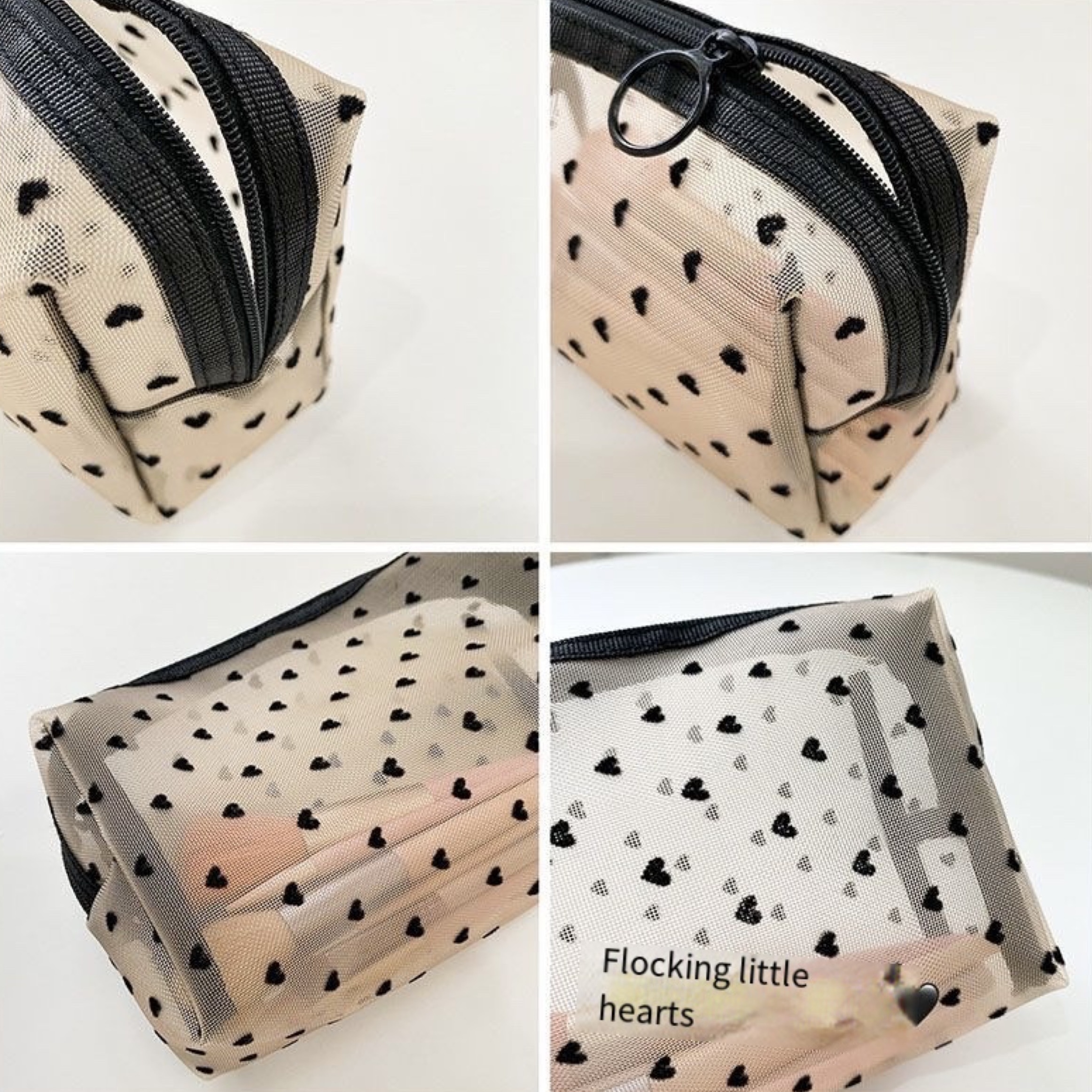 3pcs Makeup Bag Cosmetic Bag Set, Portable Large Capacity Mesh Toiletry Bag  for Travel, Fashion Zipper Pouch Cute Heart Small Makeup Bags for Women