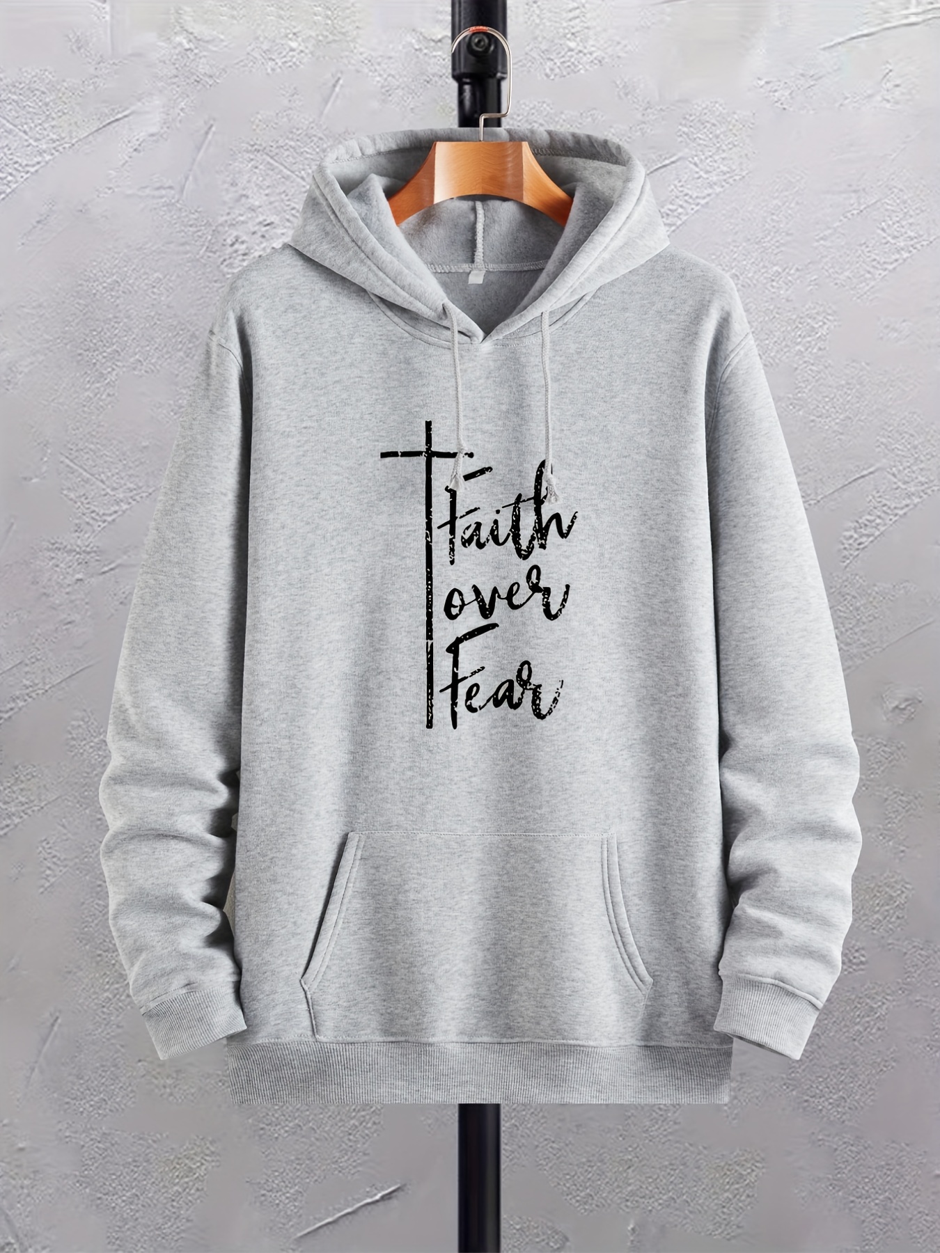 Men's ''faith Over Fear'' Print Fleece Hoodie, Comfy Stretch