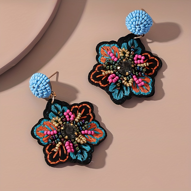 

Exquisite Embroidered Flower Design Beads Decor Dangle Earrings Retro Bohemian Style Delicate Female Gift