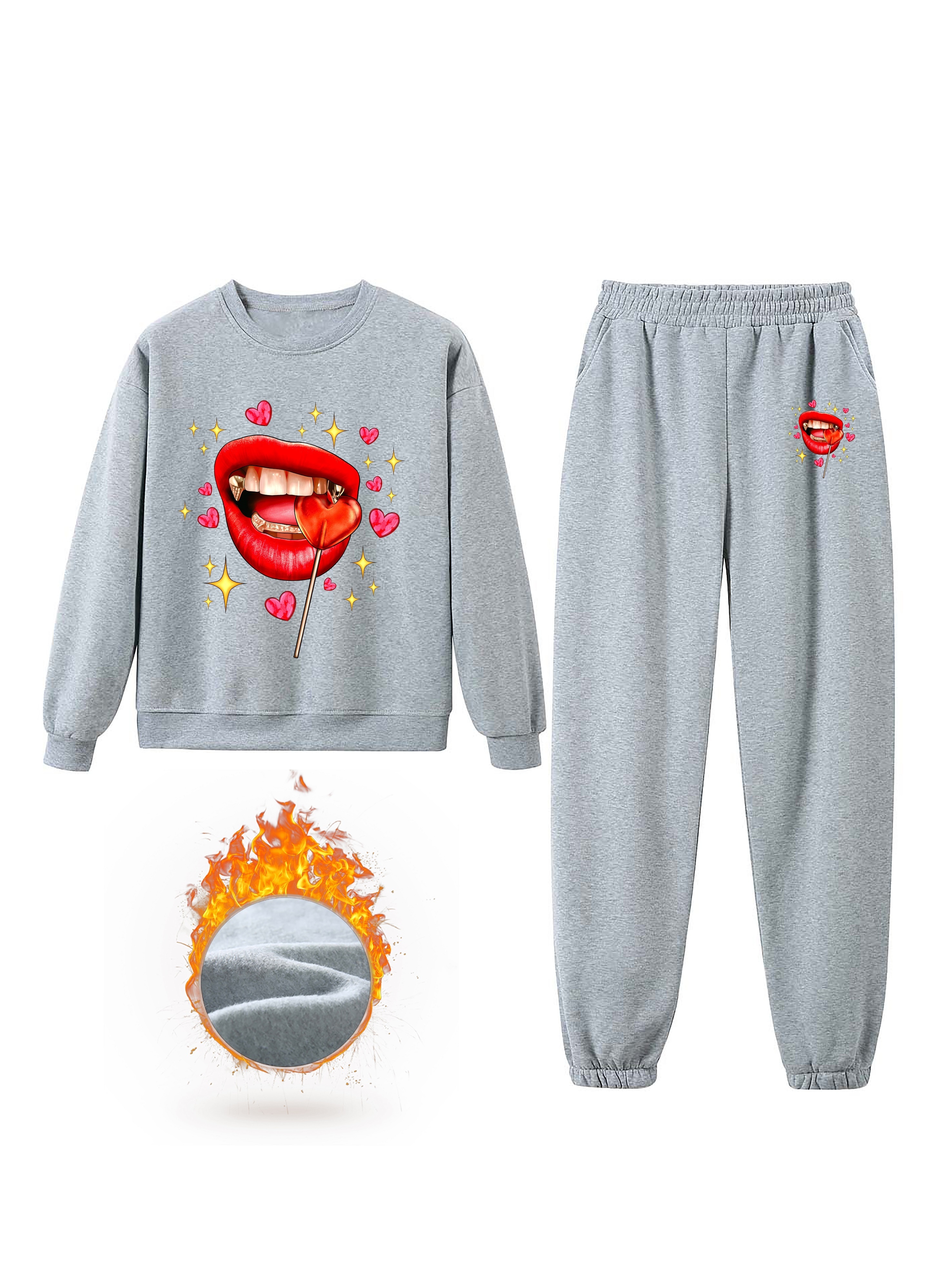 Mouth Heart Print Fleece Two piece Set Casual Long Sleeve - Temu