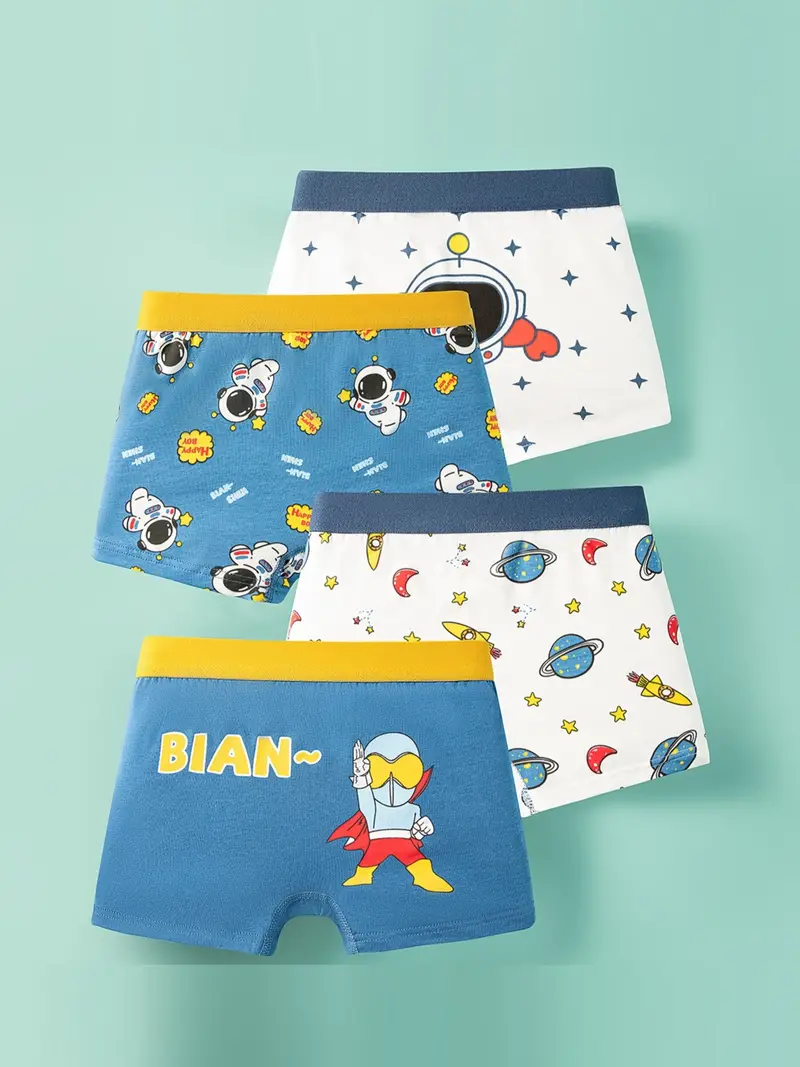 4 Pcs Toddler Boys Underwear 95% Cotton Soft Breathable Cartoon Spaceman  Pattern Comfy Boxers Briefs