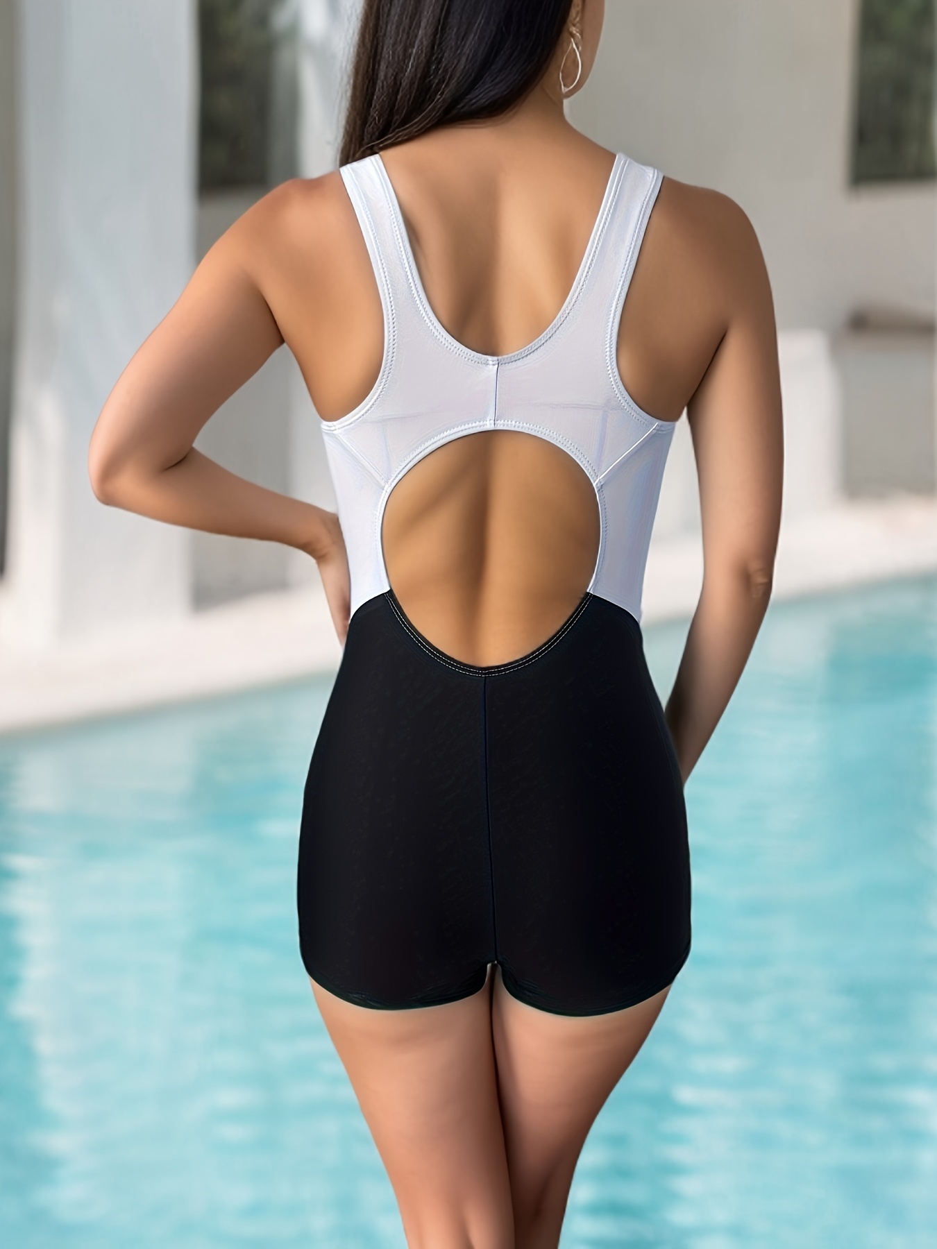 Color Block Hollow Stretchy Actionback Swimsuit - Temu