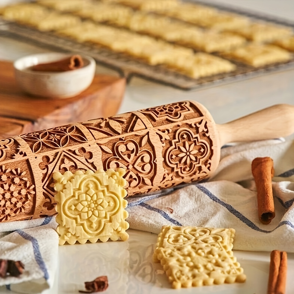 1pc embossing rolling pin printing rolling pin wooden christmas printing rolling pin 13 77x1 77 for dumplings noodles and more kitchen accessories household kitchen supplies for restaurants details 4