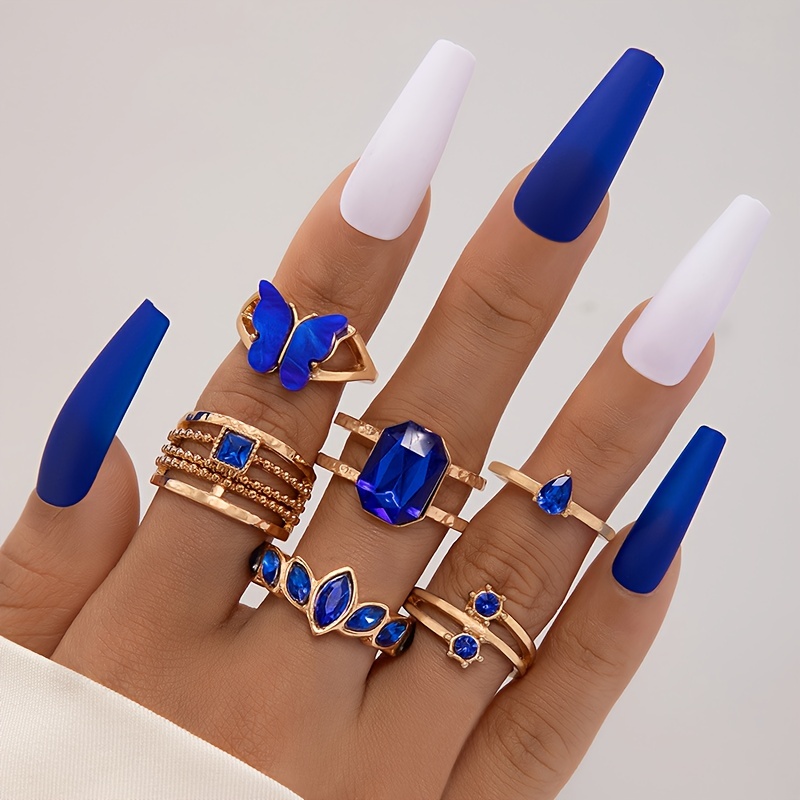 

6pcs Chic Stacking Rings Trendy Butterfly Design Inlaid Blue Rhinestone In Oval/ Waterdrop/ Square Shapes Mix And Match For Daily Outfits Party Accessories