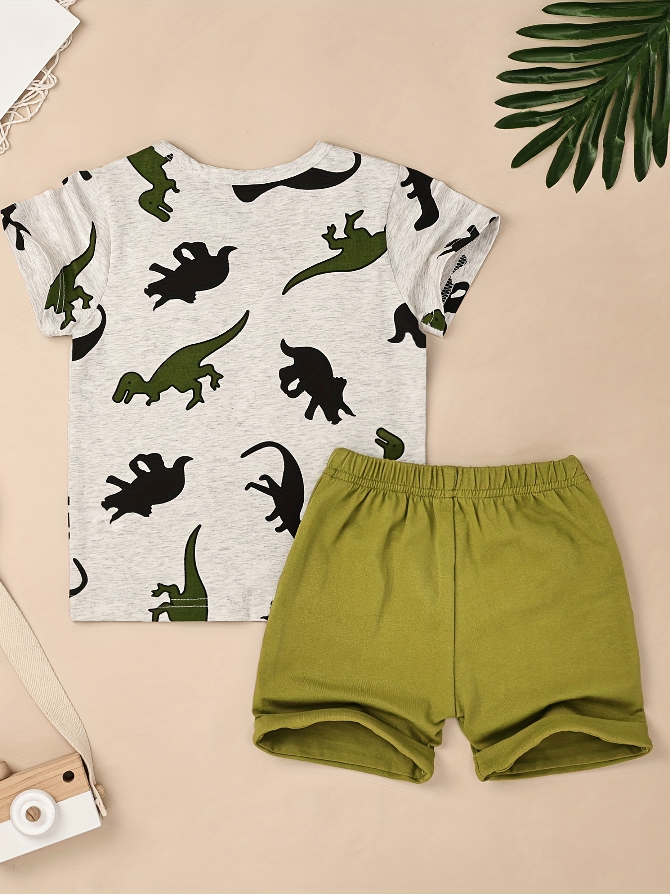 2pcs Toddler Boy Playful Denim Shorts and Dinosaur Print Lapel Collar Shirt Set
