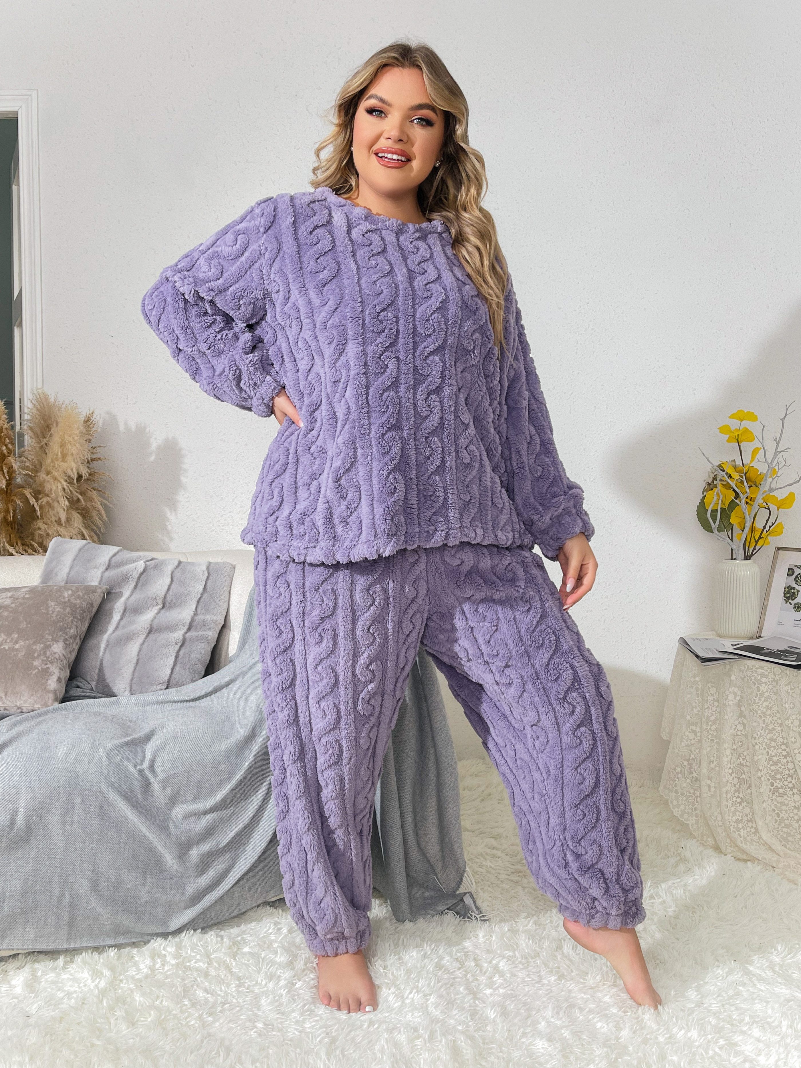 Plus Size Casual Pajamas Set Women's Plus Solid Fleece Long - Temu