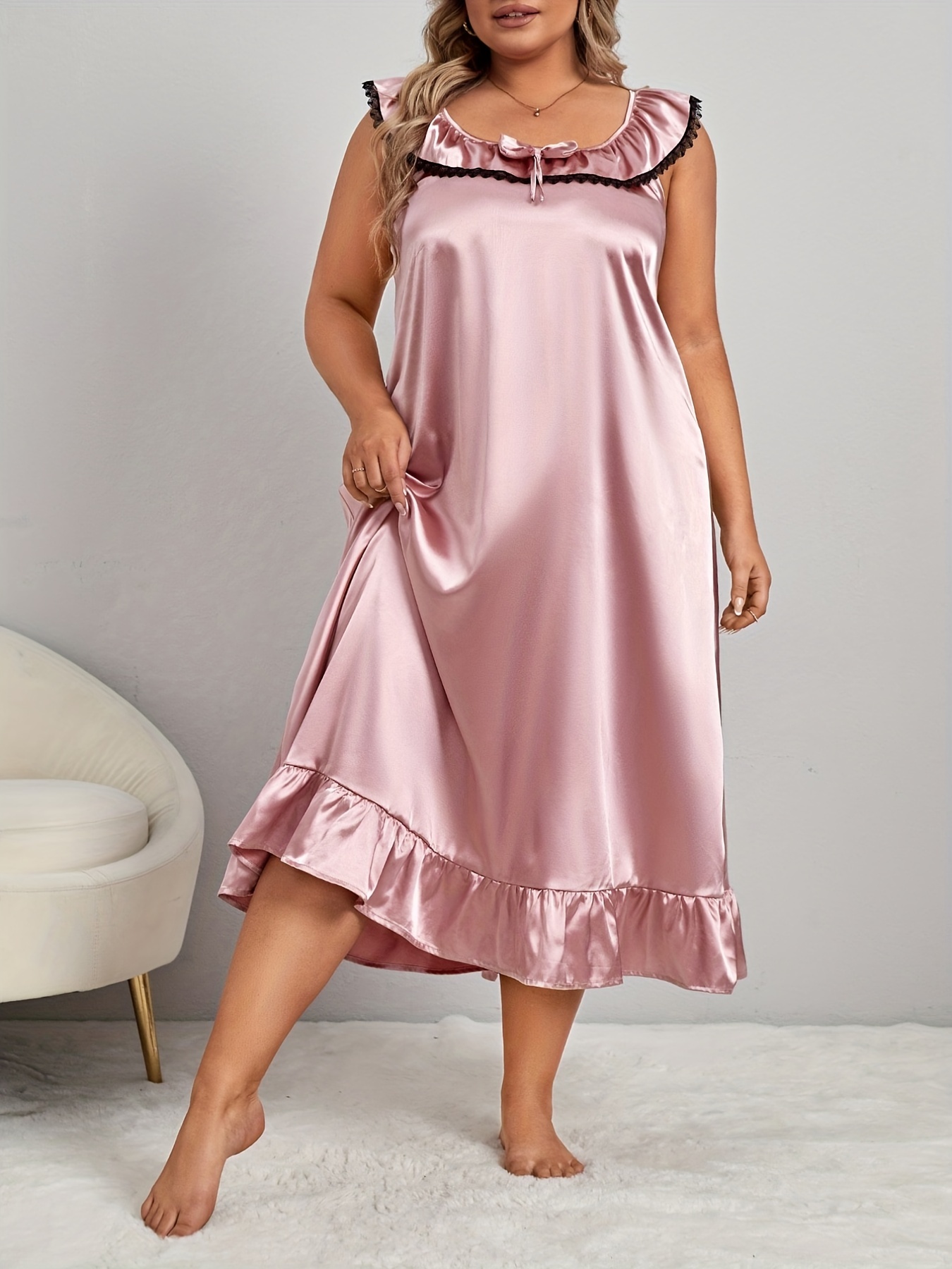 Plus Size Elegant Nightdress Women's Plus Contrast Lace - Temu