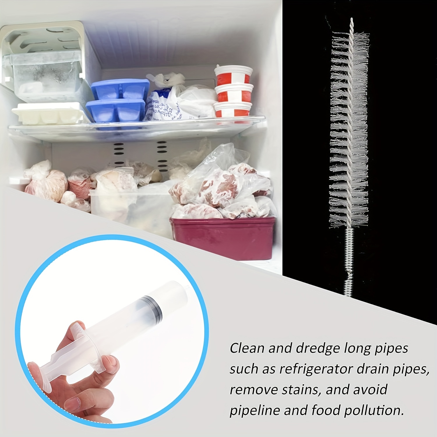5pcs Refrigerator Drain Cleaning Brush Set With Injector Hose