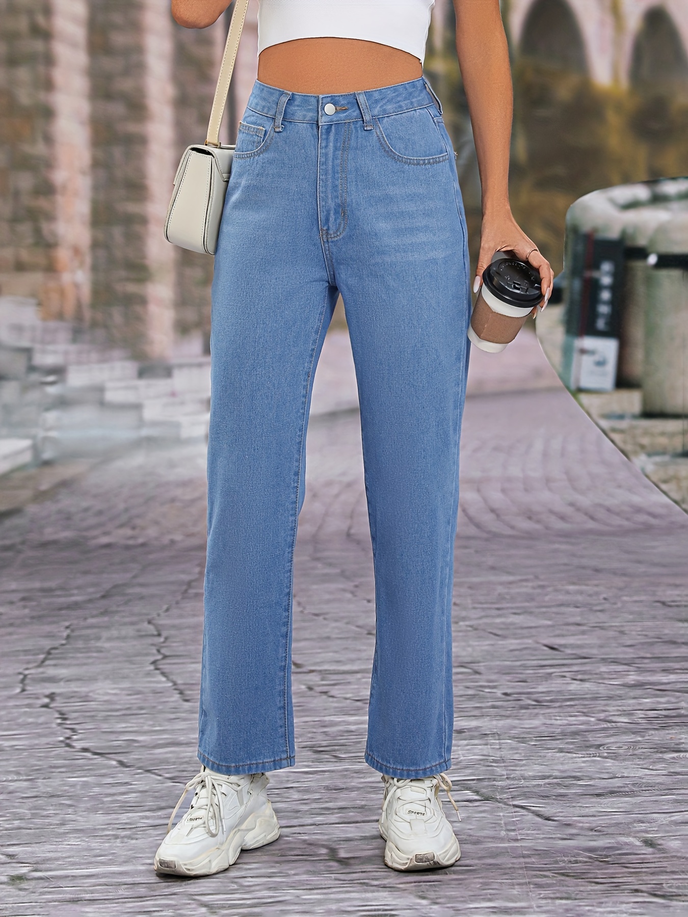 Loose Fit Versatile Straight Jeans, Slash Pockets Non-Stretch Fashion Denim  Pants, Women's Denim Jeans & Clothing