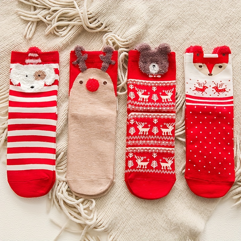 

4 Pairs Cartoon Christmas Socks, Comfy & Cute Chinese New Year Mid Tube Socks, Women's Stockings & Hosiery