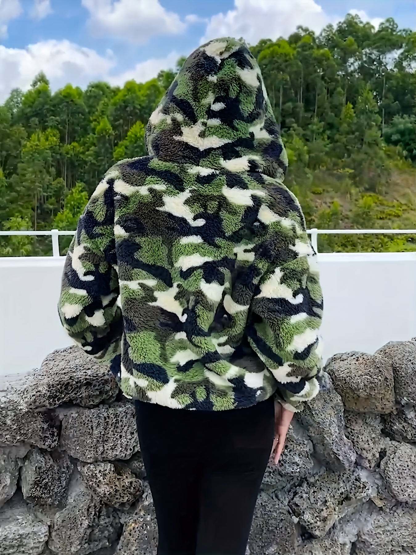 Camo Print Zip Plush Hoodie Casual Long Sleeve Hoodies Temu