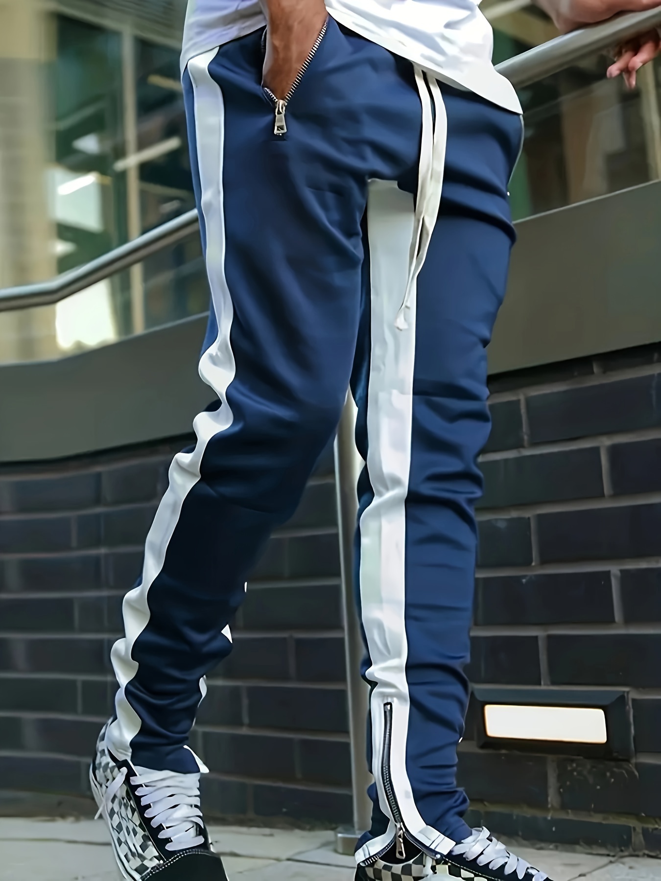 Zipper Pocket Joggers With Chain Decoration, Men's Casual Loose Fit Stretch  Waist Drawstring Pants For Fitness Cycling