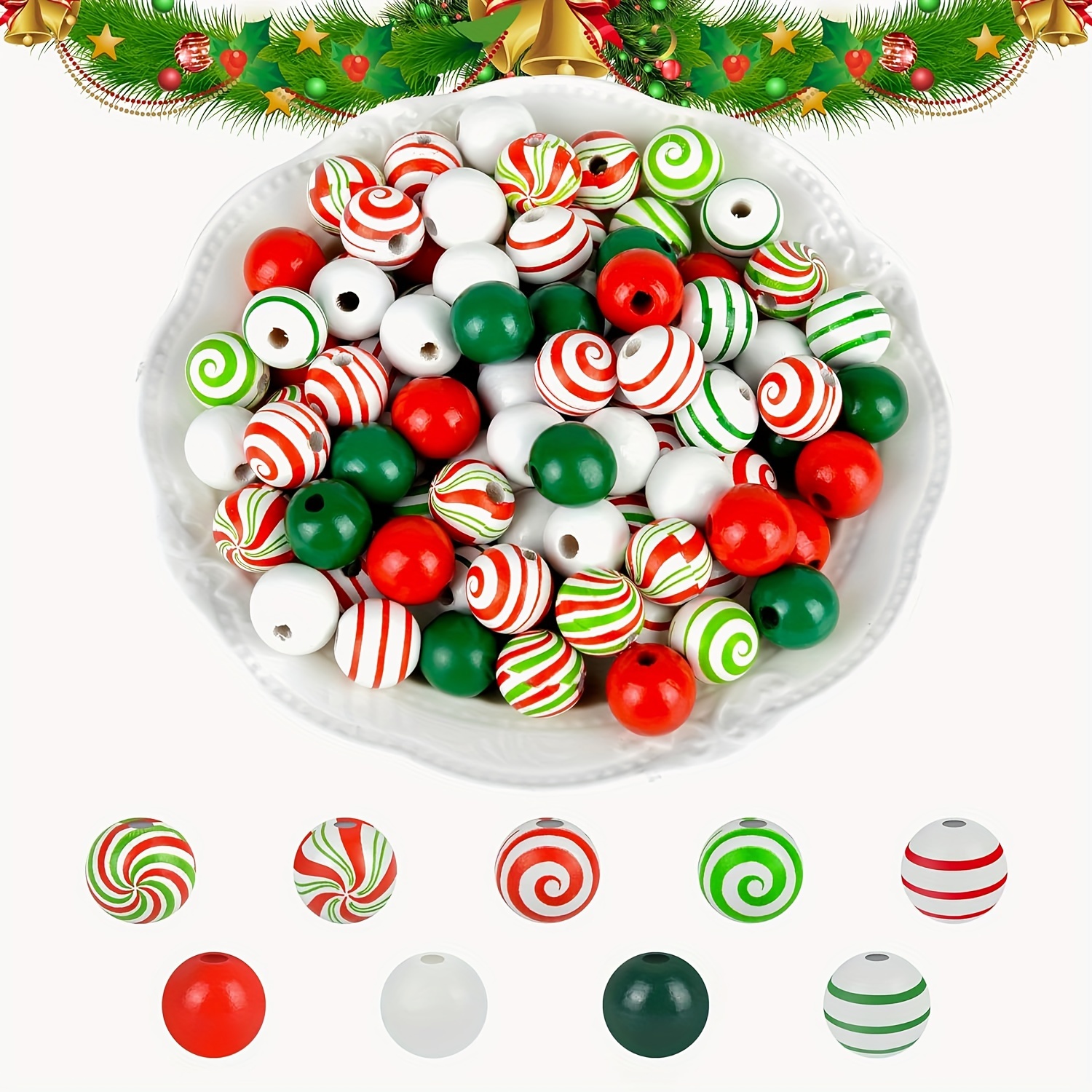 TEMU 60pcs Festive Christmas Candy Wooden Beads, 16mm - Diy Holiday Party Decorations, Craft Supplies With Red, Green, White & Peach Patterns,