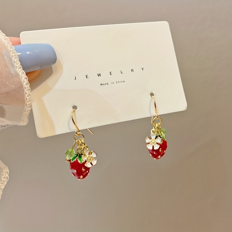 White Flower Green Leaf Red Strawberry Design Enamel Dangle Earrings  Elegant Cute Style Alloy 18k Gold Plated Jewelry Female Gift - Temu
